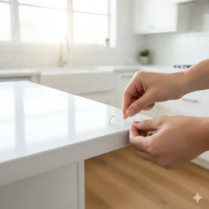 Close-up view of hands installing a magnetic safety lock inside a kitchen cabinet, demonstrating baby proofing kitchen drawers and doors. 