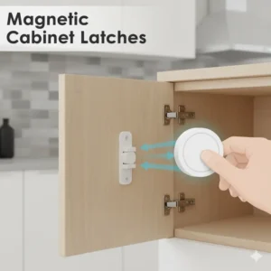 Child safety magnetic cabinet latches for toddlers with a hidden lock and key for baby proofing. 