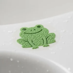 Close-up texture of a frog-shaped non slip tub decals for infants preventing slips. 