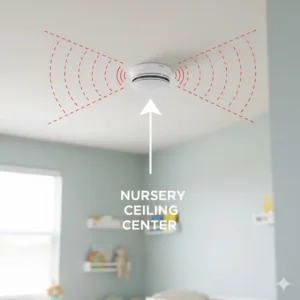 Installing a smoke alarm on the ceiling center is key for smoke detectors placement in nursery.