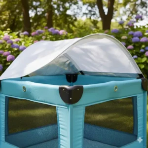 Close-up of a high-quality safe baby playpen for outdoors showing the sun protection canopy and mesh side panels.