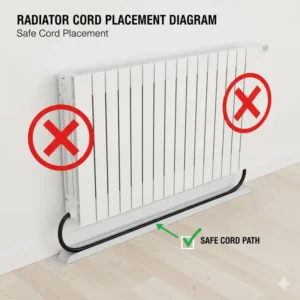 Diagram showing safe cord placement away from a radiator, an example of protecting cords from heaters and radiators.