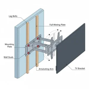 Close-up of anti-tip TV safety straps and anchor hardware used for securing tv to wall baby proof. 