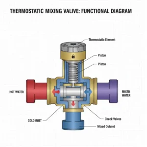 Technical diagram illustrating the components and function of a thermostatic mixing valve, an anti scald device for bathroom faucets. 