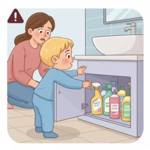 Illustration showing a curious toddler reaching for household chemicals, highlighting the danger of not keeping bathroom cleaning supplies locked up.