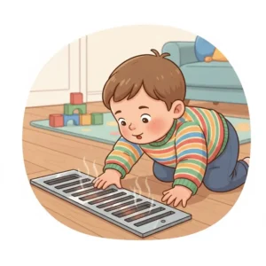 An illustration showing a toddler reaching toward a metal vent, emphasizing the need for a protective cover exposed heating vents toddlers.