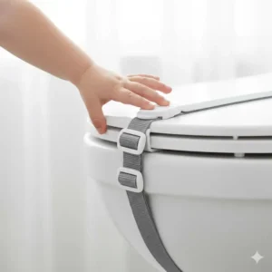 Close-up of a versatile safety strap lock, a common type of baby proof toilet lid lock, securing the toilet seat and lid.