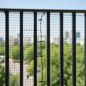 Close-up of durable, tight-weave safety mesh installed on a balcony railing to close gaps and enhance toddler safety.