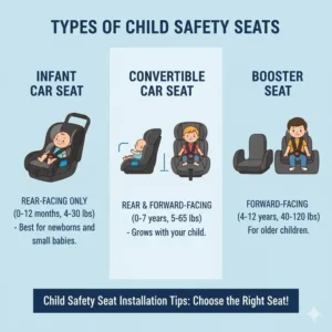 Overview showing different types of child safety seat installation tips (infant, convertible, booster) and when to use them.