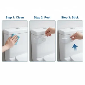 Step-by-step image showing the easy, no-drill installation of an adhesive-backed baby proof toilet lid lock onto the toilet tank.