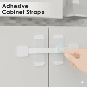 Adjustable adhesive safety straps that work on cabinet doors and drawers to keep toddlers out. 