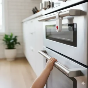 Adhesive safety latches applied to a kitchen cabinet door and drawer, illustrating baby proofing kitchen drawers and doors. 
