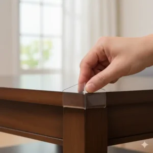 A hand smoothly applying furniture corner guards adhesive type to a wooden coffee table, showing the simple peel-and-stick installation process. 