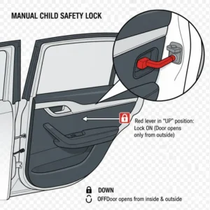 Image of a manual lever mechanism for the car safety lock for rear doors children.