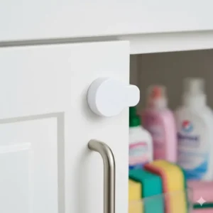 Close-up of an installed childproof magnetic lock on a cabinet door where chemicals are stored, ensuring bathroom cleaning supplies locked up.