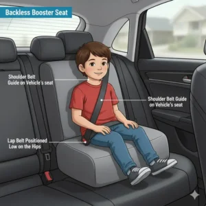 An illustration showing a backless booster seat being used in a vehicle with a headrest, suitable for older 4-year-olds who meet height and weight requirements when choosing booster seat for 4-year-old.