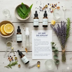 A flat lay of common natural ingredients like citronella and lemon eucalyptus oil used to make non toxic bug repellents safe for babies at home.