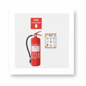 Bright, unambiguous signage indicating the fire extinguisher child friendly location above the unit in a facility.