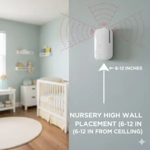 High wall mounting (6-12 inches from ceiling) is acceptable smoke detectors placement in nursery.