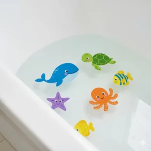 Bathtub bottom featuring many colorful non slip tub decals for infants securely applied to the surface. 