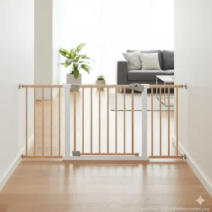 A pressure-mounted non toxic baby gates for wide openings using extension panels to securely block an extra-large hallway. 