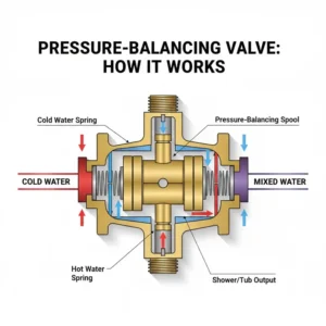 Cutaway view showing the inner mechanism of a pressure-balancing valve that acts as an anti scald device for bathroom faucets. 