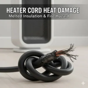 Close-up of a damaged power cord showing melted insulation, emphasizing the need for protecting cords from heaters and radiators.