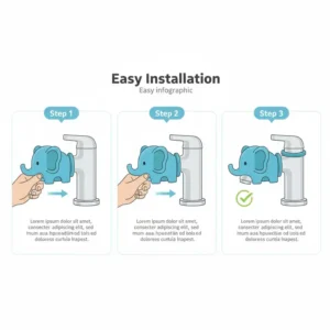 Step-by-step image showing how easily the safe baby bath spout cover can be installed onto a standard tub faucet. 