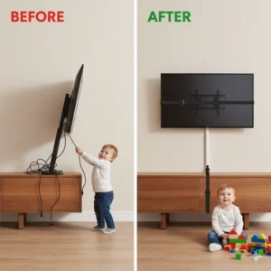 Diagram illustrating a heavy-duty, full-motion TV wall mount being properly installed for maximum security for securing tv to wall baby proof. 