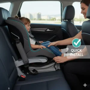 Close-up of a quick and secure installation of a compact car seat using the vehicle's LATCH system, ideal for travel.