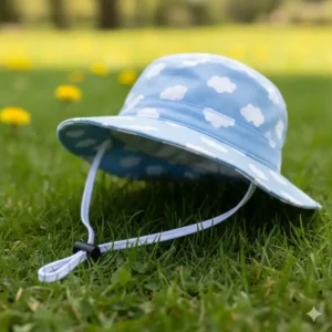 Close-up of the wide brim sun safety hat for crawling baby, highlighting the adjustable, secure chin strap.