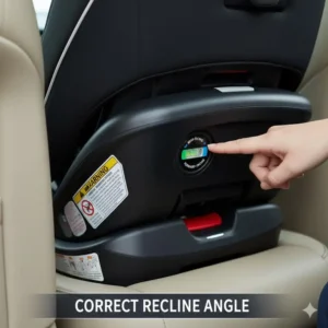 Close-up of a built-in level indicator used to confirm the correct rear-facing recline angle for a baby's car seat, one of the crucial child safety seat installation tips.