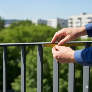 An adult using a tape measure to check the width of the vertical gaps between balcony railings, confirming they are small enough for toddler safety.