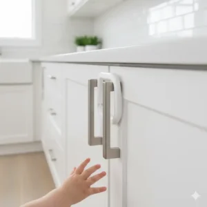 A child's hand trying to open a kitchen drawer with an installed stopper, highlighting baby proofing kitchen drawers and doors. 