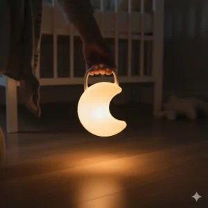 A parent easily carrying a small, portable baby safe night lights low emission by its handle, useful for middle-of-the-night feedings or changes.