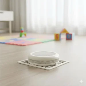 An image demonstrating a child-safe cover exposed heating vents toddlers, securely installed over a floor register in a home.