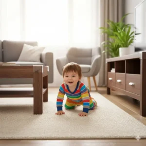 Happy toddler playing safely near a table with furniture corner guards adhesive type installed, ensuring protection from bumps and bruises. 