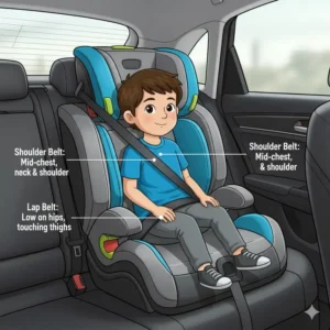 Diagram illustrating the correct shoulder and lap belt placement over the 4-year-old when using a booster seat, an important factor when choosing booster seat for 4-year-old.