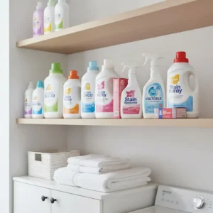 Image of common bathroom cleaning products stored safely on a high, out-of-reach shelf, effectively keeping bathroom cleaning supplies locked up.