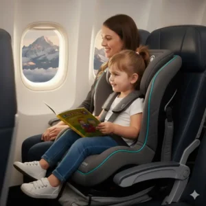 Child riding safely in a compact travel car seat on an airplane, highlighting its suitability for air travel.