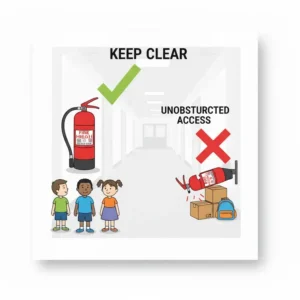 A view of an easily accessible fire extinguisher child friendly location, emphasizing the importance of keeping the area unobstructed.