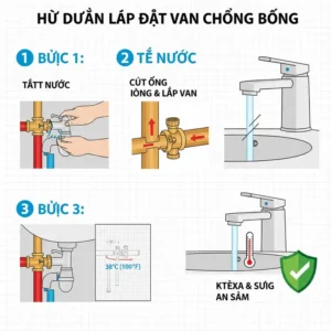 Step-by-step graphic showing the process of installing an anti scald device for bathroom faucets supply line. 