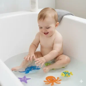 Happy baby playing safely near the cheerful non slip tub decals for infants during bath time. 