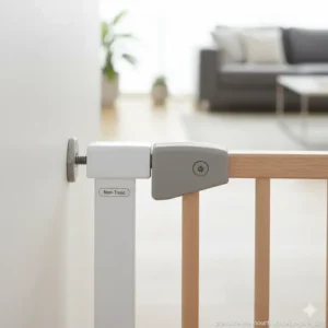 Secure wall-mounted hardware of a stable non toxic baby gates for wide openings with a clear safety label. 