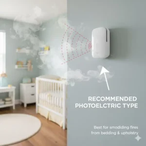 Recommended photoelectric type for smoke detectors placement in nursery for smoldering fires.