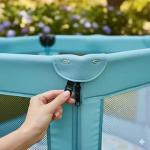 Detail view of the secure latching mechanism on the door of the safe baby playpen.