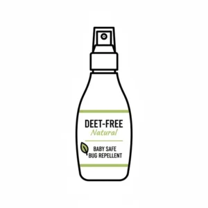 A simple line drawing of a commercially available spray bottle labeled with "DEET-Free" and "Natural," representing a reliable non toxic bug repellents safe for babies.