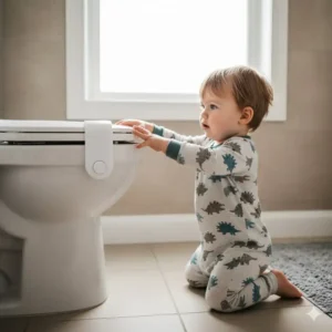 An illustration of a curious toddler attempting to open a toilet lid, highlighting the need for a reliable baby proof toilet lid lock.