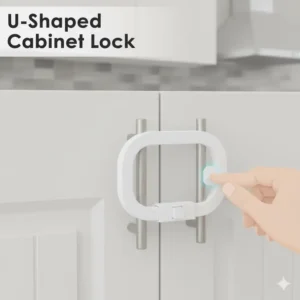 U-shaped cabinet lock installed on two adjacent cabinet handles, a quick solution for toddler safety. 