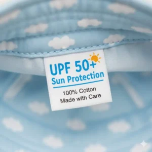 Label showing UPF 50+ fabric on the inner tag of a sun safety hat for crawling baby designed for infants.